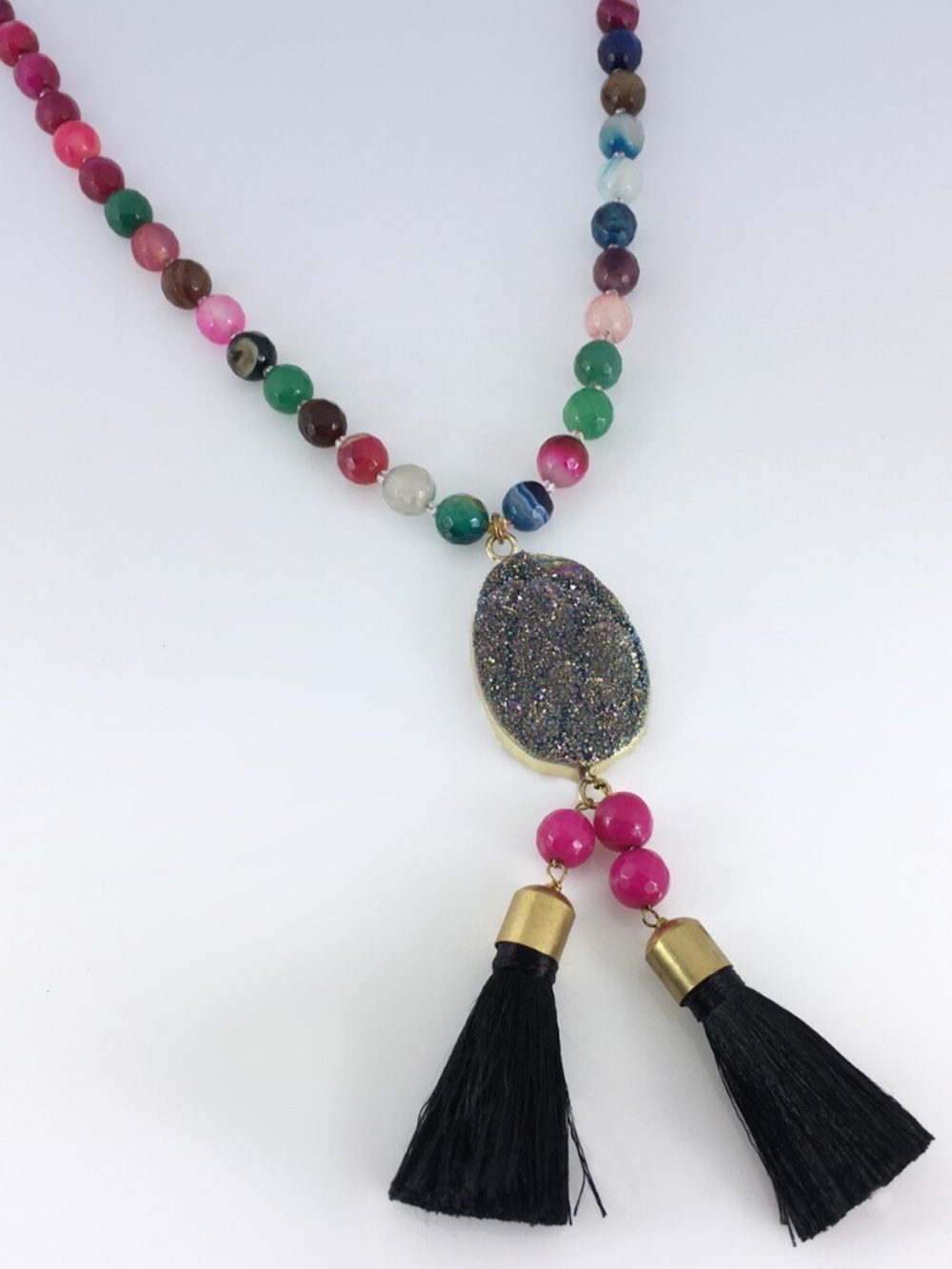 PANACEA Agate Beaded & Drusy Stone Double Tassel Pendant Necklace